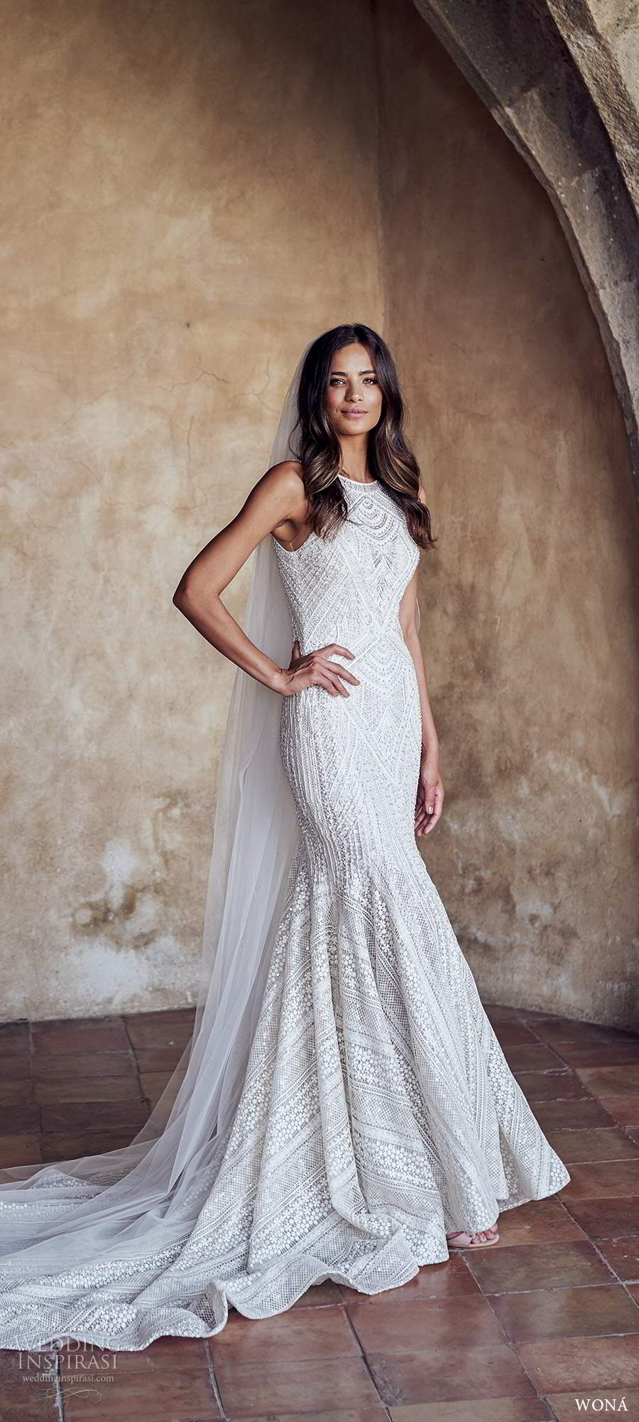 wona fall 2020 bridal sleeveless halter neckline fully embellished lace sheath wedding dress chapel train (2) mv