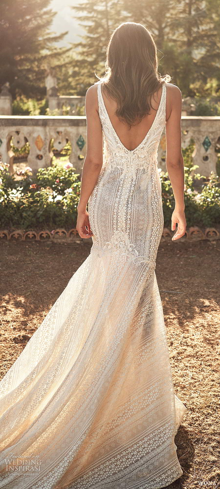 wona fall 2020 bridal sleeveless straps plunging v neckline fully embellished lace fit flare mermaid wedding dress v back chapel train (15) bv