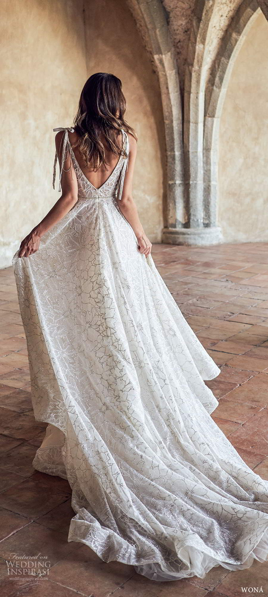 wona fall 2020 bridal sleeveless thin ribbon straps plunging v neckline fully embellished a line ball gown wedding dress v back chapel train (11) bv