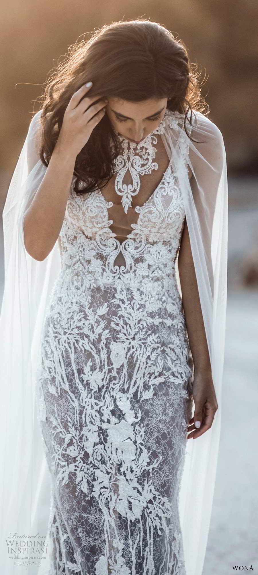 wona fall 2020 bridal sleevless beaded straps plunging v neckline fully embellished sheath wedding dress chapel train illusion cape (10) fv wona fall 2020 bridal sleevless beaded straps plunging v neckline fully embellished sheath wedding dress chapel train illusion cape (10) fv