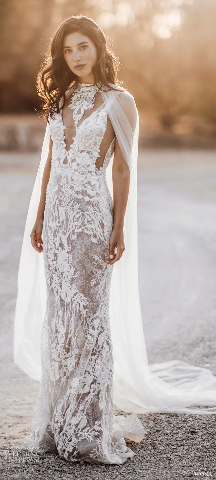 wona fall 2020 bridal sleevless beaded straps plunging v neckline fully embellished sheath wedding dress chapel train illusion cape (10) mv