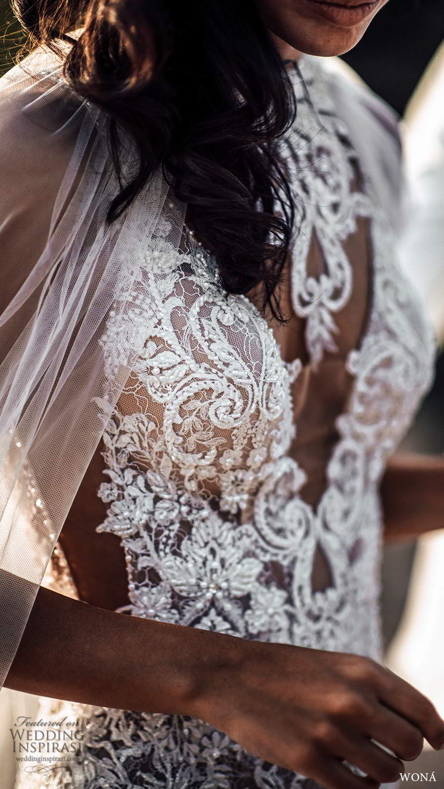 wona fall 2020 bridal sleevless beaded straps plunging v neckline fully embellished sheath wedding dress chapel train illusion cape (10) zv