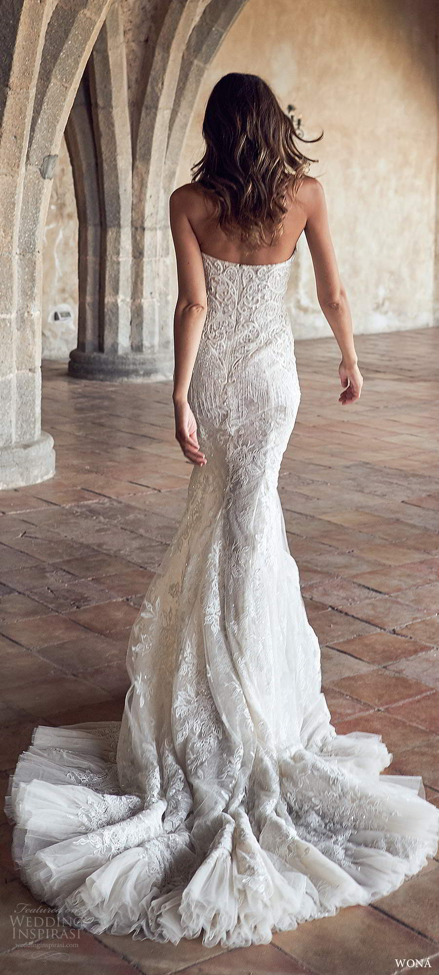 wona fall 2020 bridal strapless sweetheart fully embellished lace fit flare mermaid wedding dress chapel train sheer capelet (1) bv wona fall 2020 bridal strapless sweetheart fully embellished lace fit flare mermaid wedding dress chapel train sheer capelet (1) bv