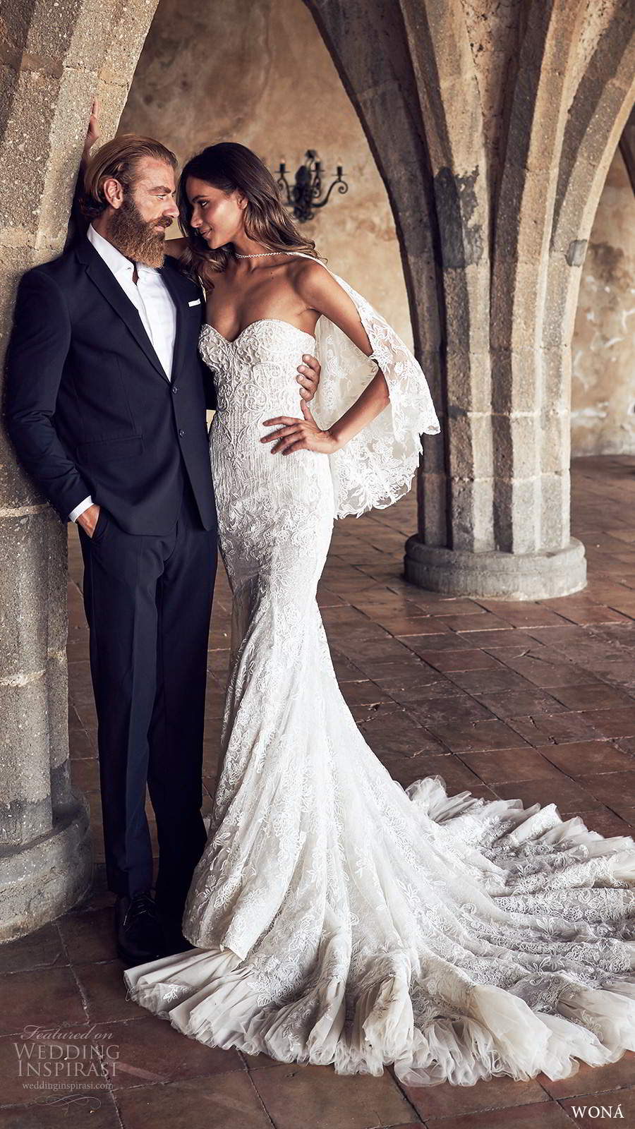 wona fall 2020 bridal strapless sweetheart fully embellished lace fit flare mermaid wedding dress chapel train sheer capelet (1) mv wona fall 2020 bridal strapless sweetheart fully embellished lace fit flare mermaid wedding dress chapel train sheer capelet (1) mv