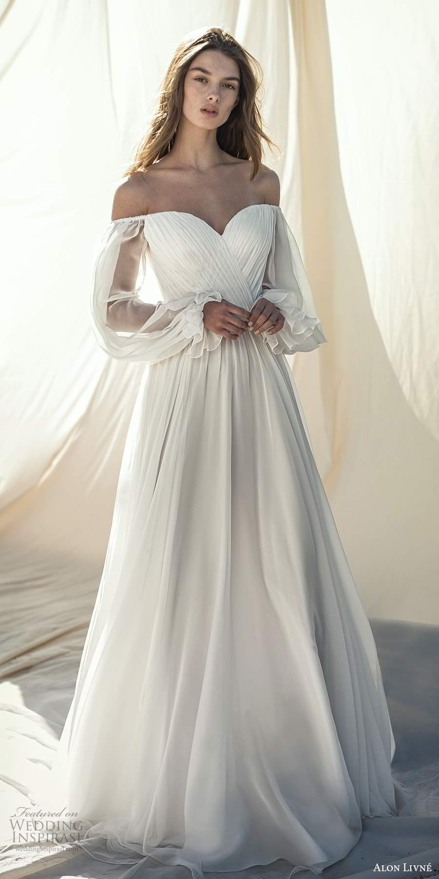 alon livne fall 2020 bridal sheer bishop sleeves off shoulder sweetheart neckline pleated bodice a line ball gown wedding dress v back chapel train (2) mv