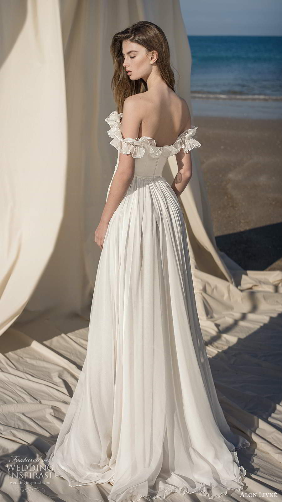 alon livne fall 2020 bridal sheer off shoulder ruffle straps straight across neckline corset bodice a line wedding dress slit skirt (7) bv