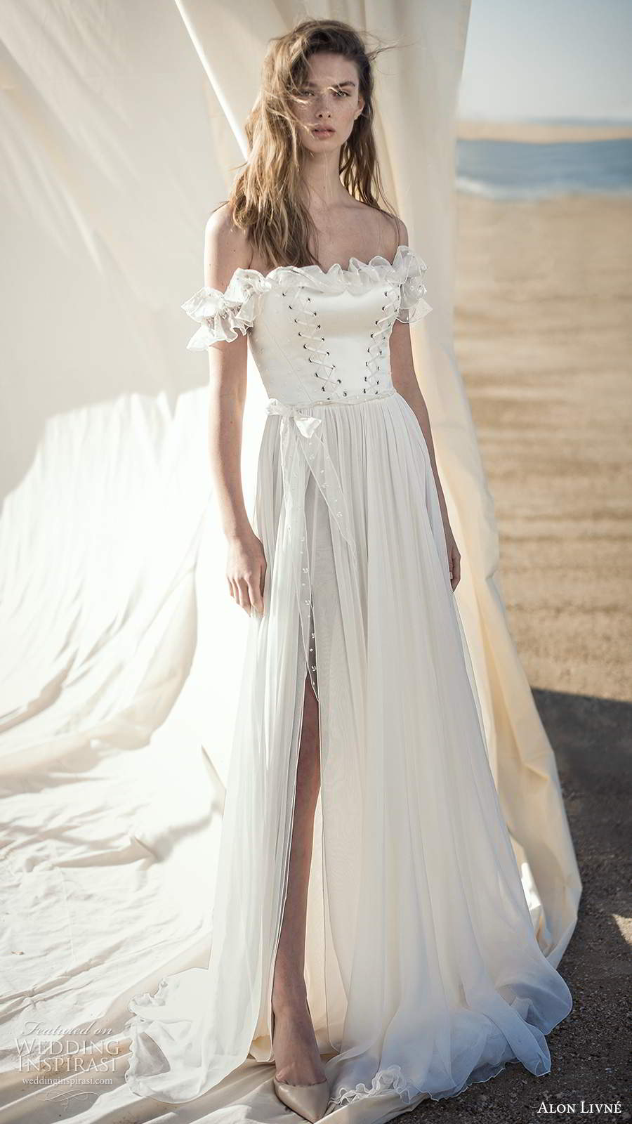 alon livne fall 2020 bridal sheer off shoulder ruffle straps straight across neckline corset bodice a line wedding dress slit skirt (7) mv