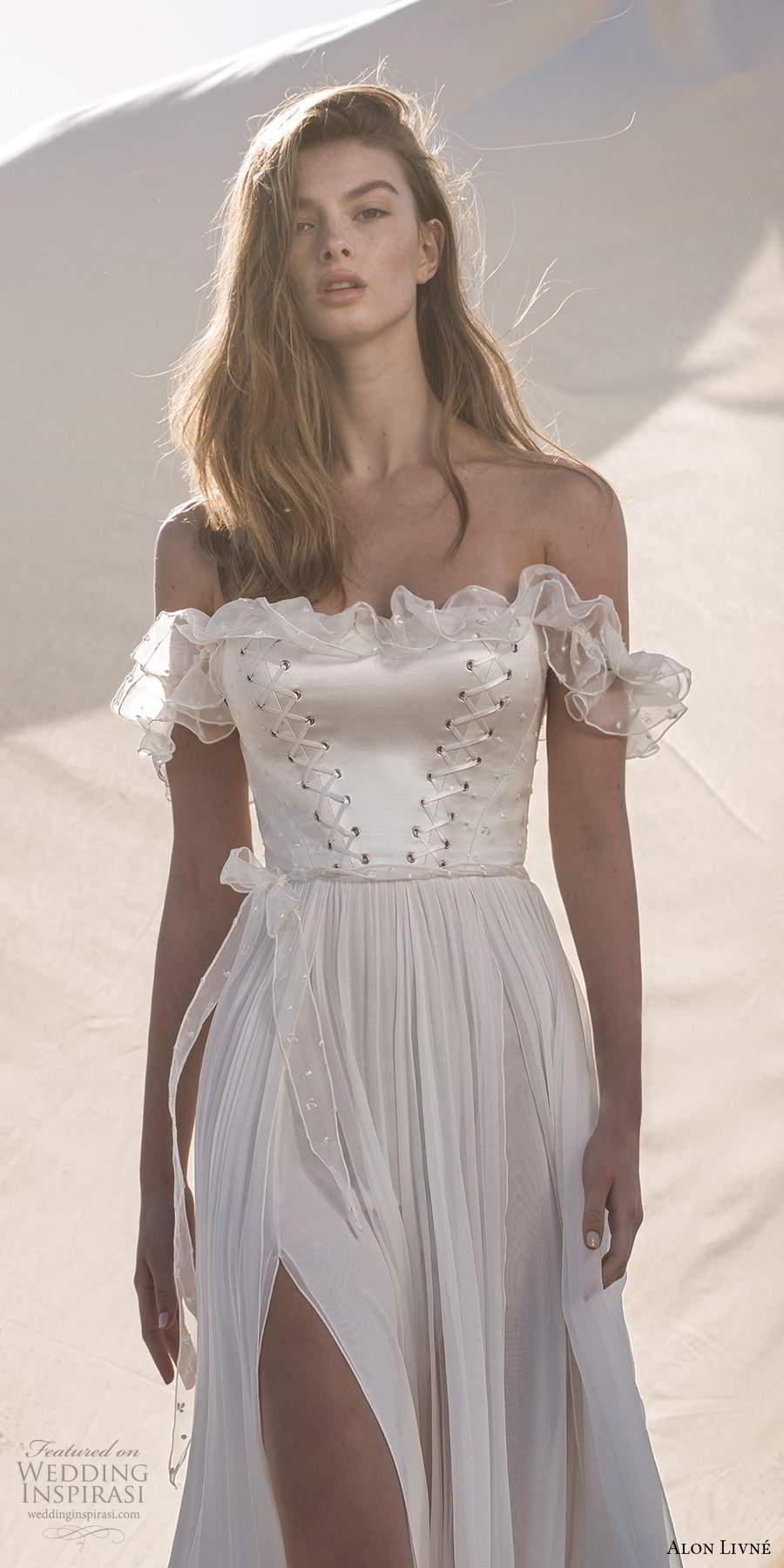 alon livne fall 2020 bridal sheer off shoulder ruffle straps straight across neckline corset bodice a line wedding dress slit skirt (7) zv