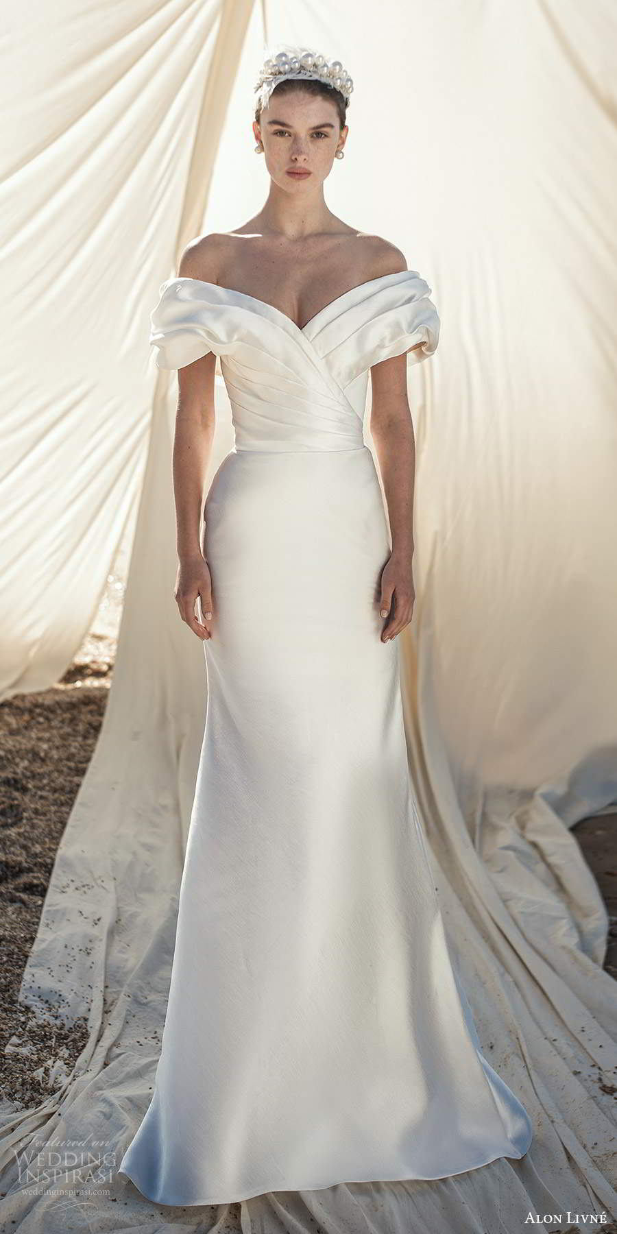 alon livne fall 2020 bridal short puff sleeves off shoulder v neckline pleated bodice sheath mermaid wedding dress (1) mv