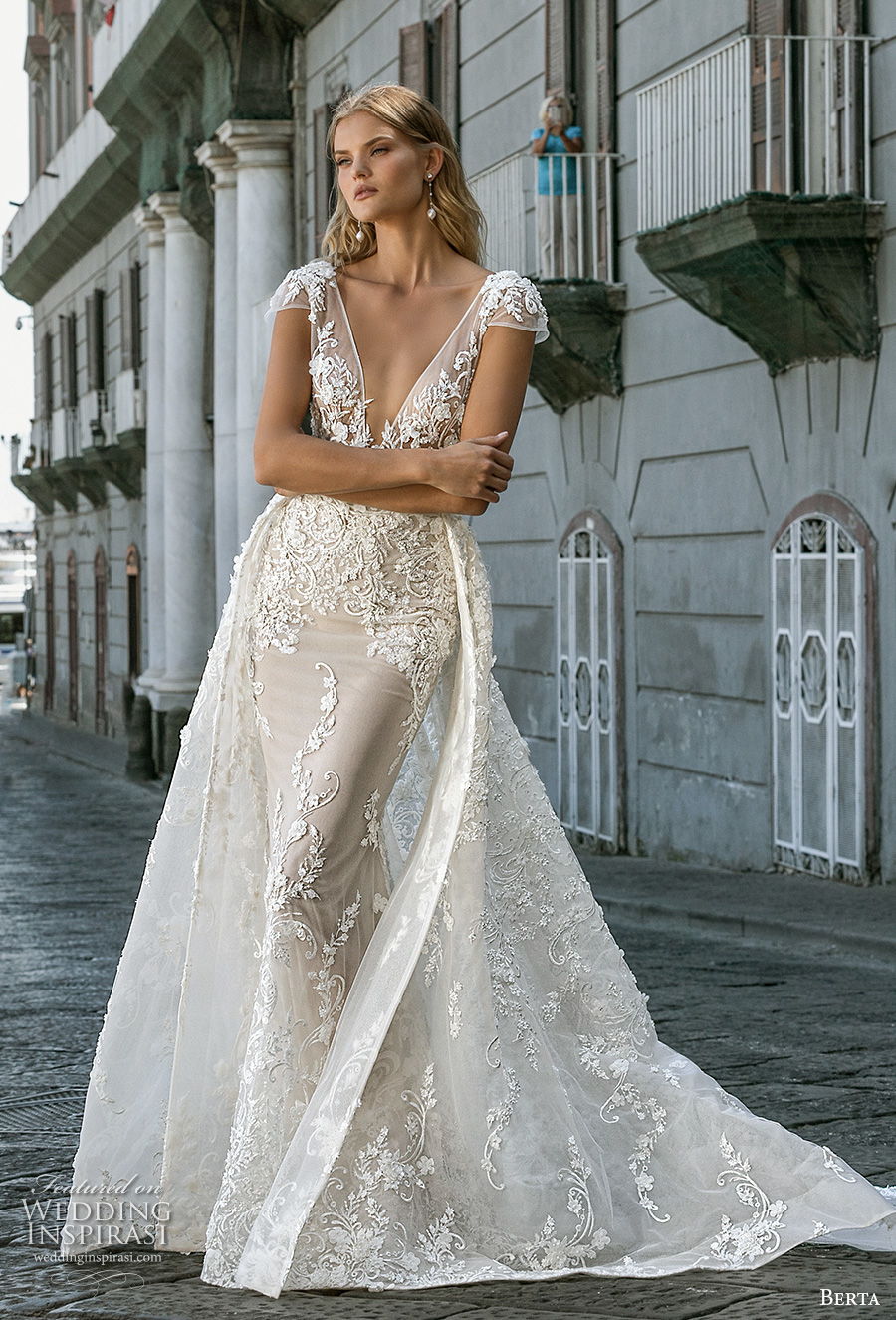 berta fall 2020 bridal cap sleeves deep v neck full embellishment sexy elegant fit and flare wedding dress a line overskirt backless scoop back medium train (3) mv berta fall 2020 bridal cap sleeves deep v neck full embellishment sexy elegant fit and flare wedding dress a line overskirt backless scoop back medium train (3) mv
