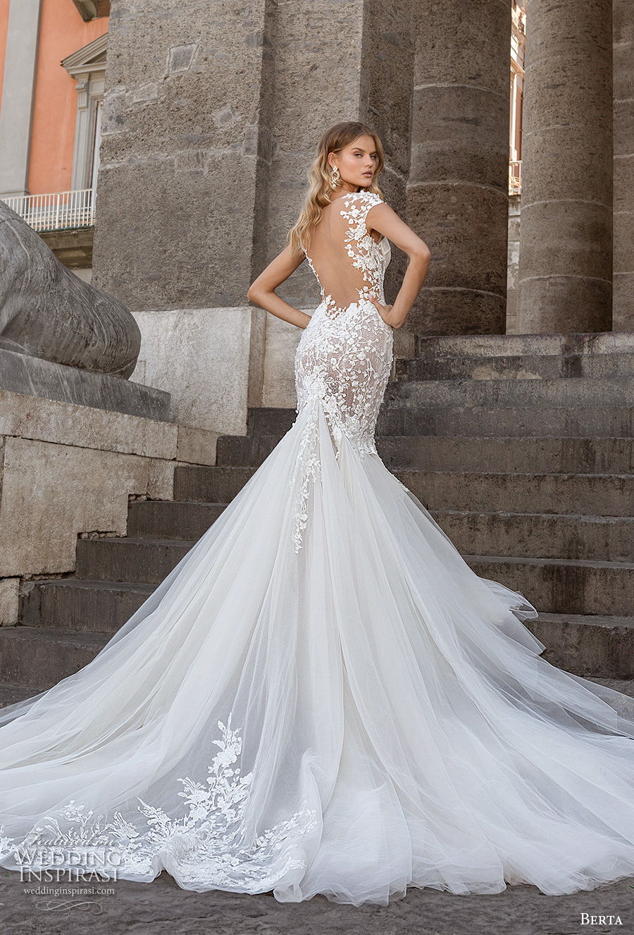 berta fall 2020 bridal cap sleeves sweetheart neckline heavily embellished bodice bustier elegant mermaid wedding dress backless low back royal train (16) bv