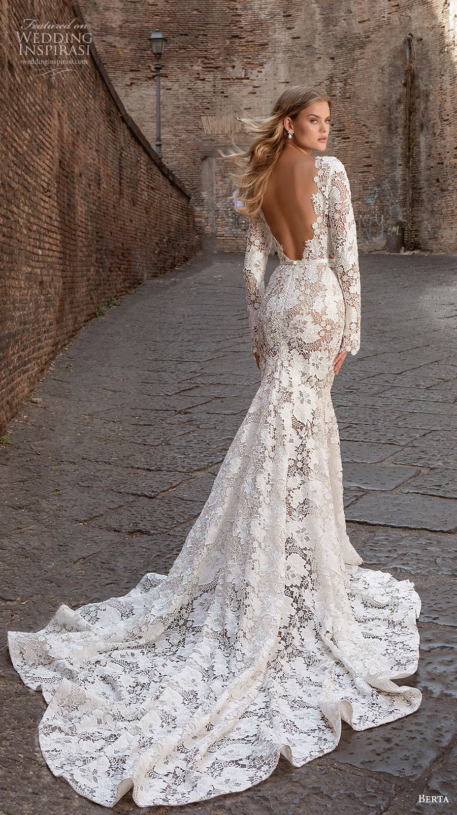 berta fall 2020 bridal long sleeves bateau neckline full embellishment elegant fit and flare wedding dress backless low back chapel train (4) bv