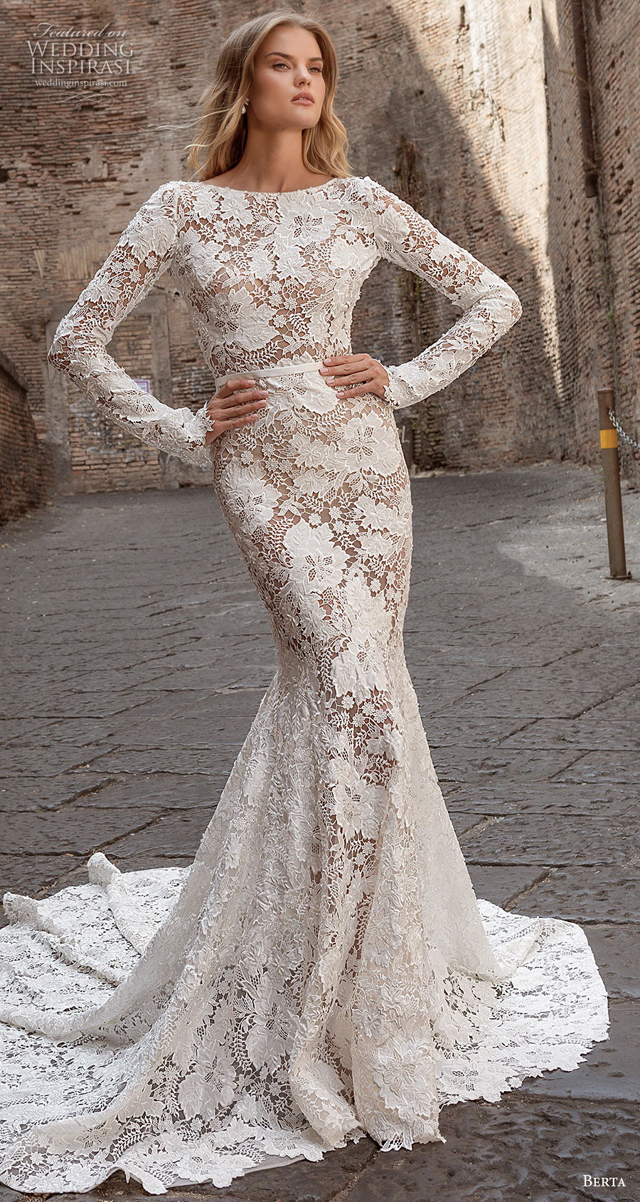 berta fall 2020 bridal long sleeves bateau neckline full embellishment elegant fit and flare wedding dress backless low back chapel train (4) mv