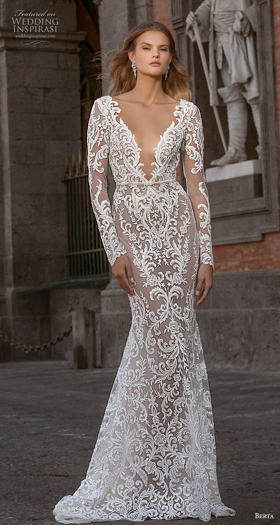 berta fall 2020 bridal long sleeves deep v neck full embellishment sexy elegant fit and flare wedding dress backless low back medium train (7) mv