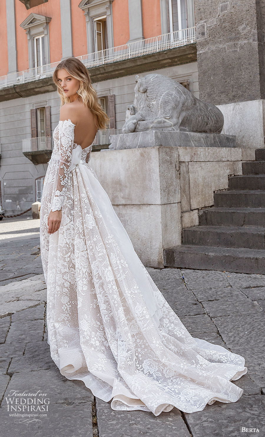 berta fall 2020 bridal long sleeves off the shoulder straight across neckline full embellishment a  line wedding dress backless chapel train (11) bv