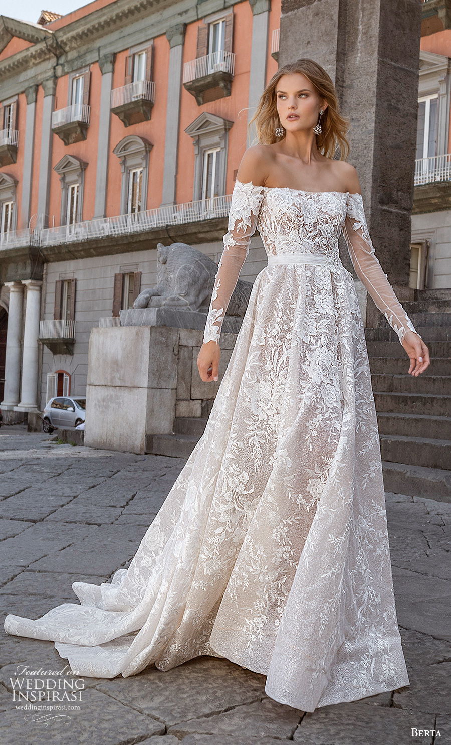 berta fall 2020 bridal long sleeves off the shoulder straight across neckline full embellishment a  line wedding dress backless chapel train (11) mv