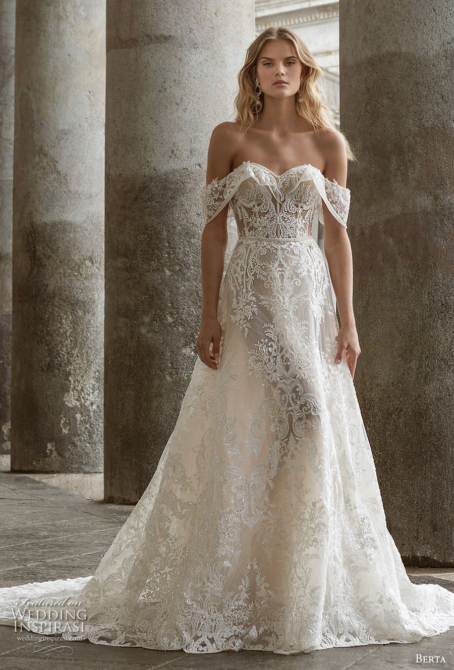 berta fall 2020 bridal off the shoulder sweetheart neckline full embellishment romantic a  line wedding dress mid back chapel train (6) mv