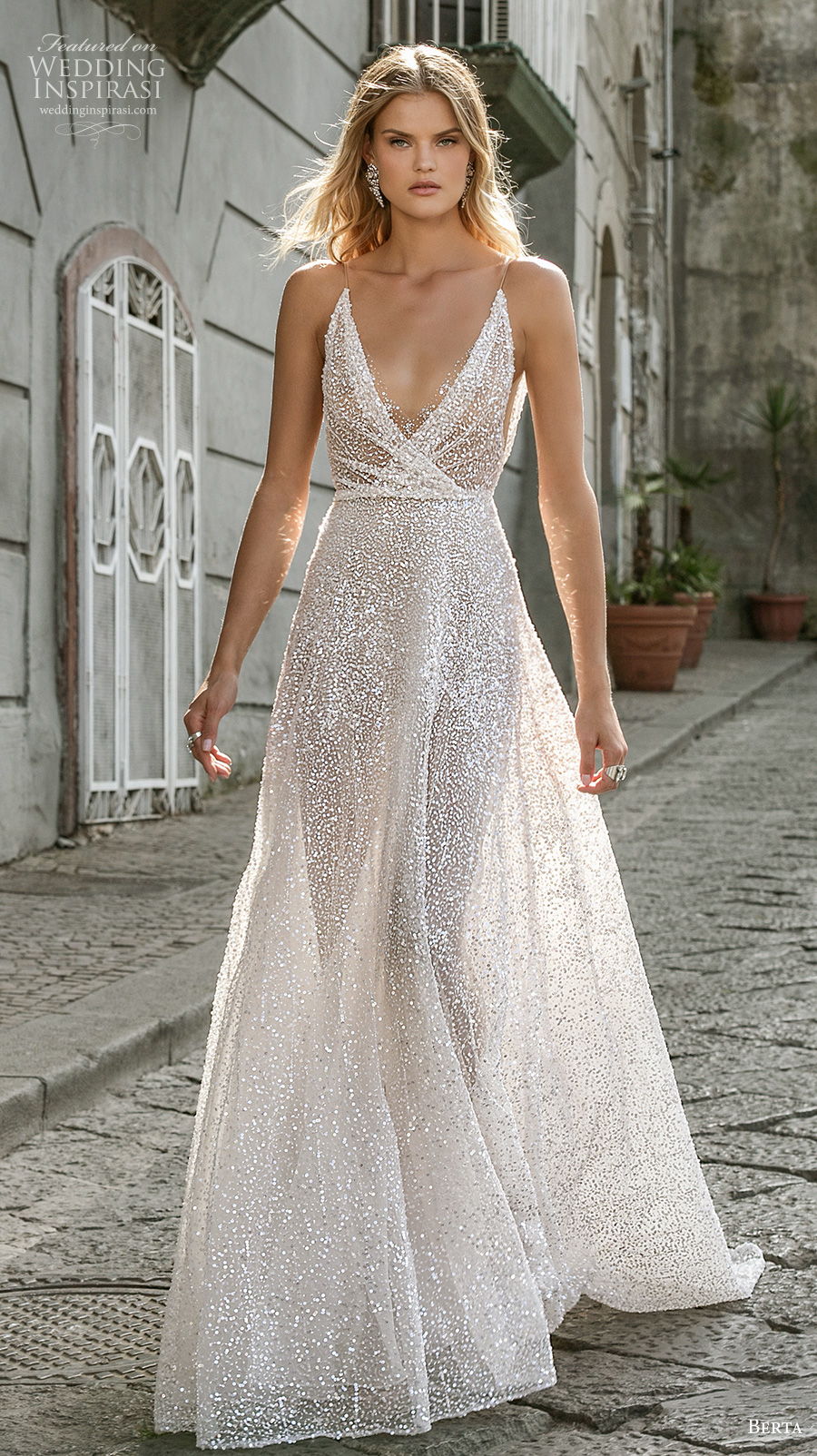 berta fall 2020 bridal sleeveless thin strap deep v neck light embellishment sexy glamorous a  line wedding dress backless chapel train (14) mv