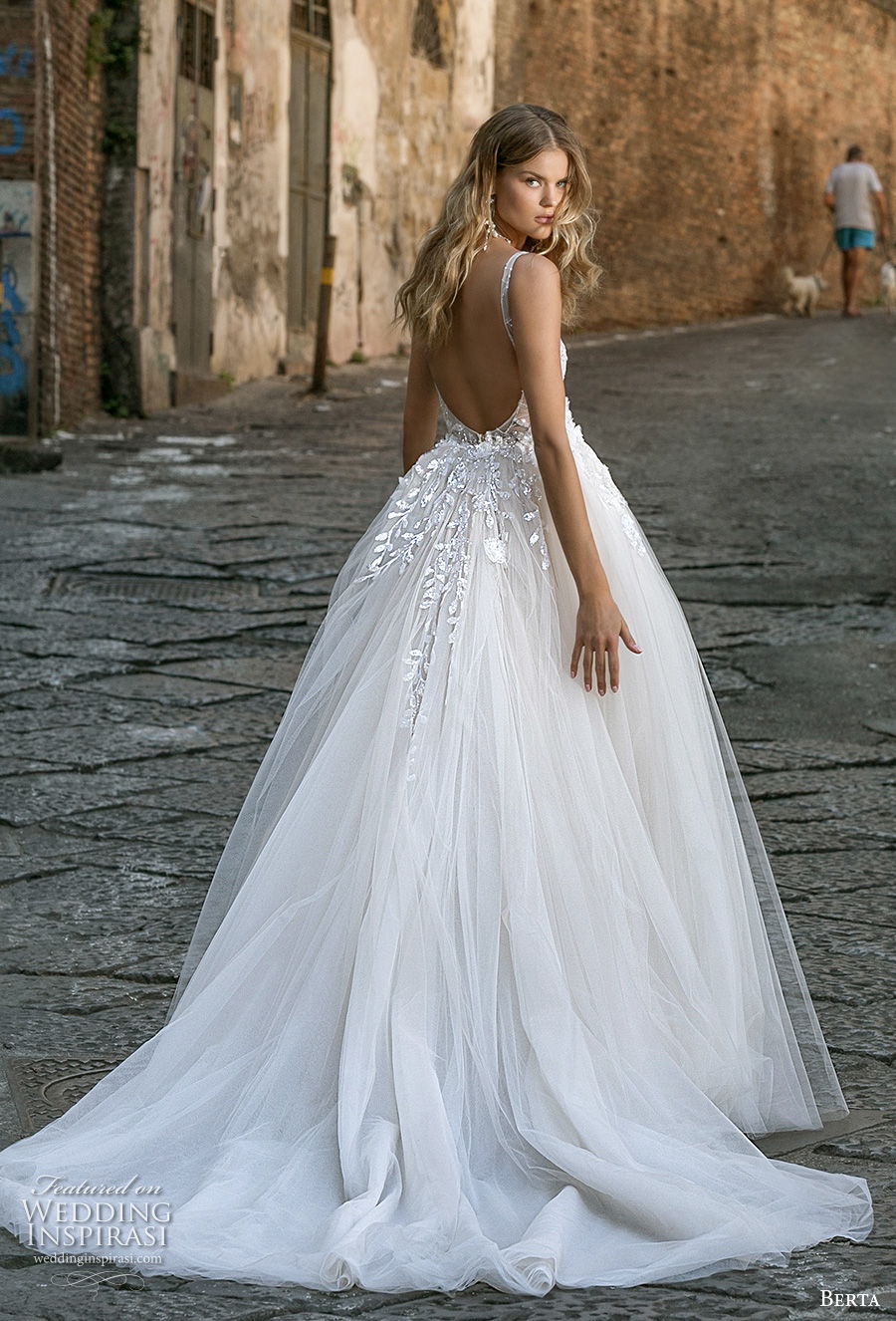 berta fall 2020 bridal sleeveless with strap v neck full embellishment sexy elegant fit and flare wedding dress a  line overskirt backless scoop back chapel train (2) bv