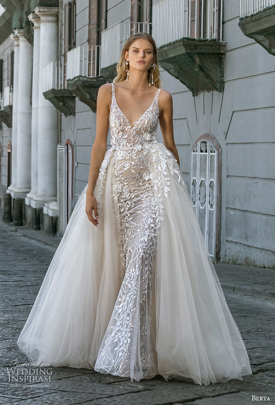 berta fall 2020 bridal sleeveless with strap v neck full embellishment sexy elegant fit and flare wedding dress a  line overskirt backless scoop back chapel train (2) mv