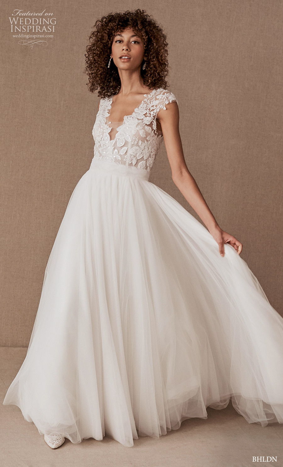 bhldn spring 2020 bridal cap sleeves v neck heavily embellished bodice romantic a  line wedding dress v back sweep train (11) mv