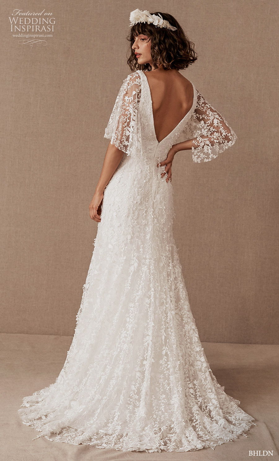 bhldn spring 2020 bridal half flare sleeves deep v neck full embellishment bohemian modified a  line wedding dress v back sweep train (8) bv