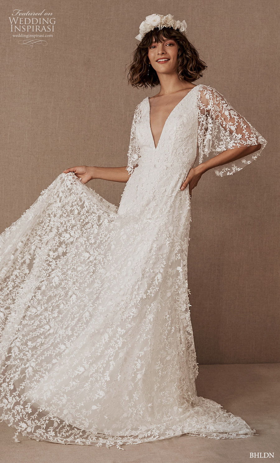 bhldn spring 2020 bridal half flare sleeves deep v neck full embellishment bohemian modified a  line wedding dress v back sweep train (8) mv