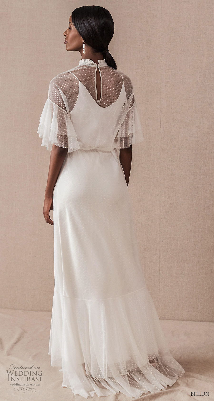 bhldn spring 2020 bridal half tiered sleeves illusion high neck scoop neckline vintage modified a  line wedding dress sweep train (3) bv