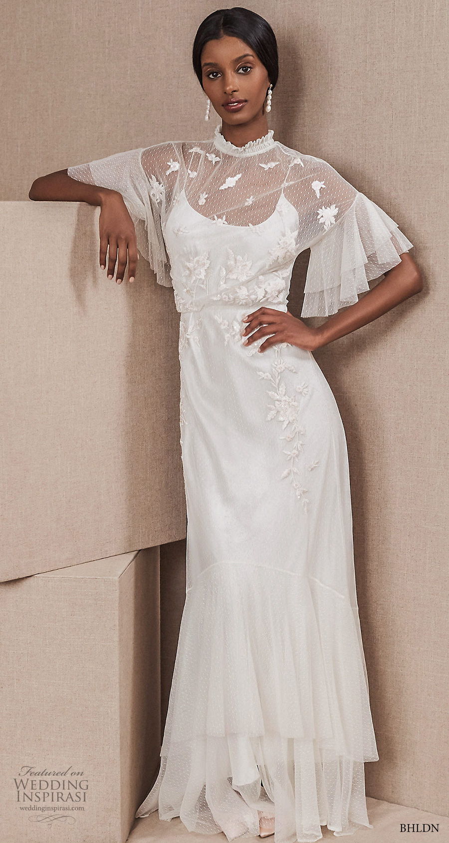 bhldn spring 2020 bridal half tiered sleeves illusion high neck scoop neckline vintage modified a  line wedding dress sweep train (3) fv