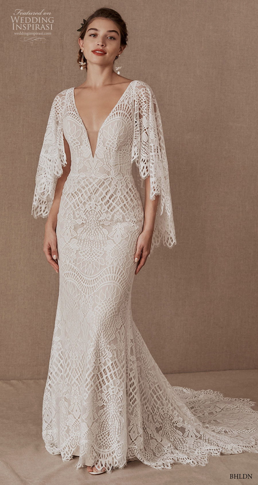 bhldn spring 2020 bridal long butterfly sleeves deep v neck full embellishment vintage sheath wedding dress open v back medium train (15) mv