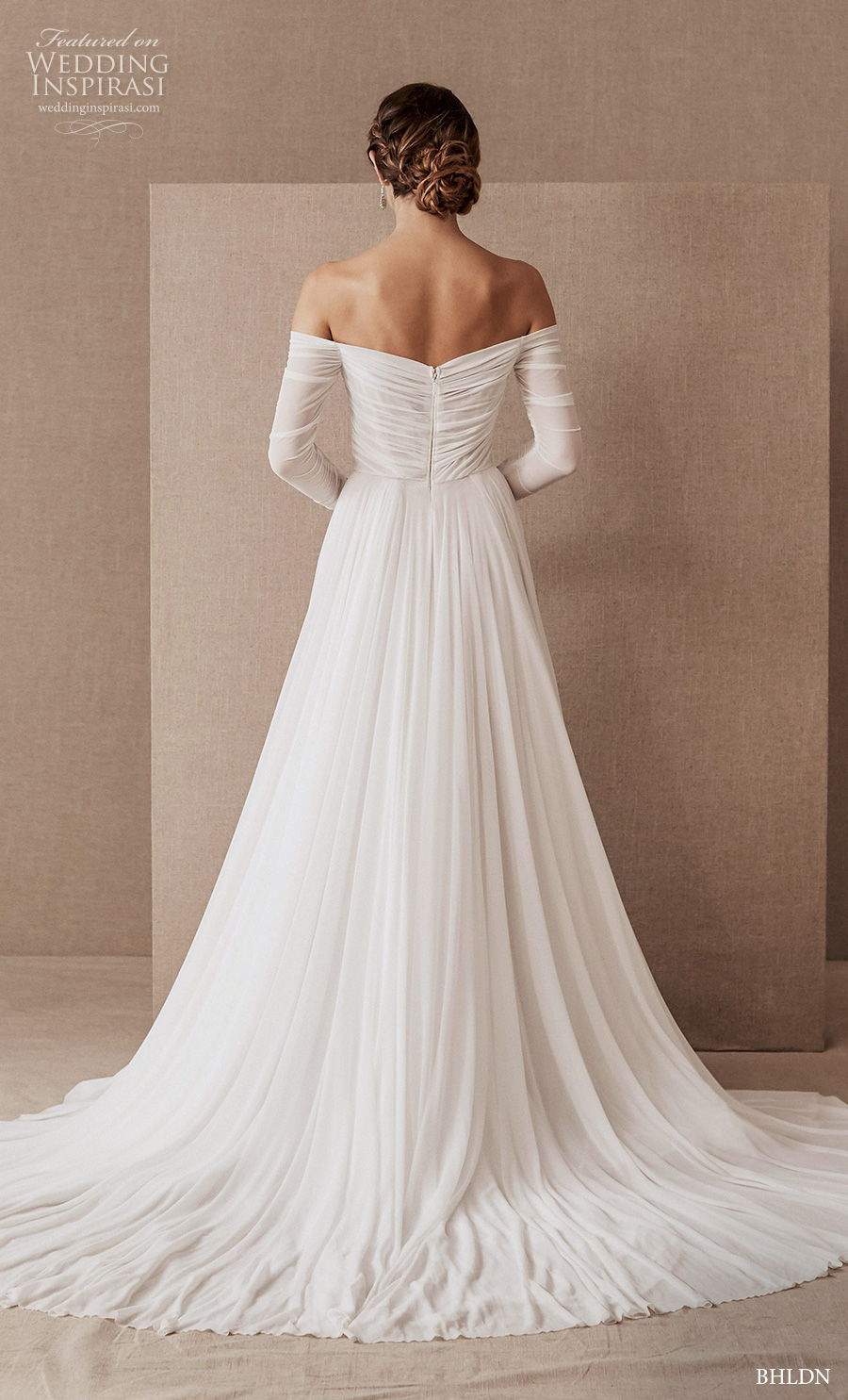 bhldn spring 2020 bridal long sleeves off the shoulder v neckline ruched bodice romantic a  line wedding dress mid back chapel train (7) bv