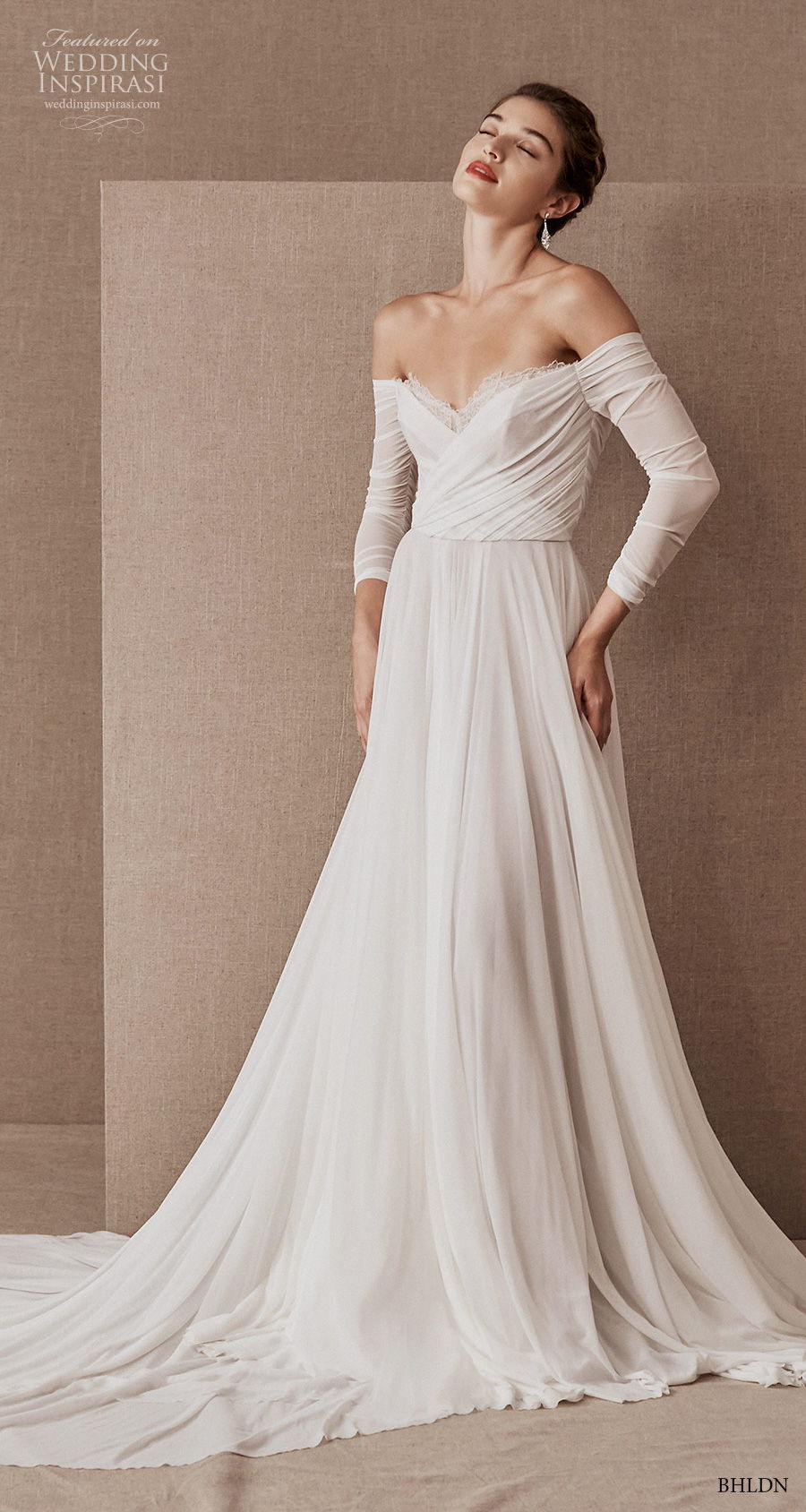 bhldn spring 2020 bridal long sleeves off the shoulder v neckline ruched bodice romantic a  line wedding dress mid back chapel train (7) mv