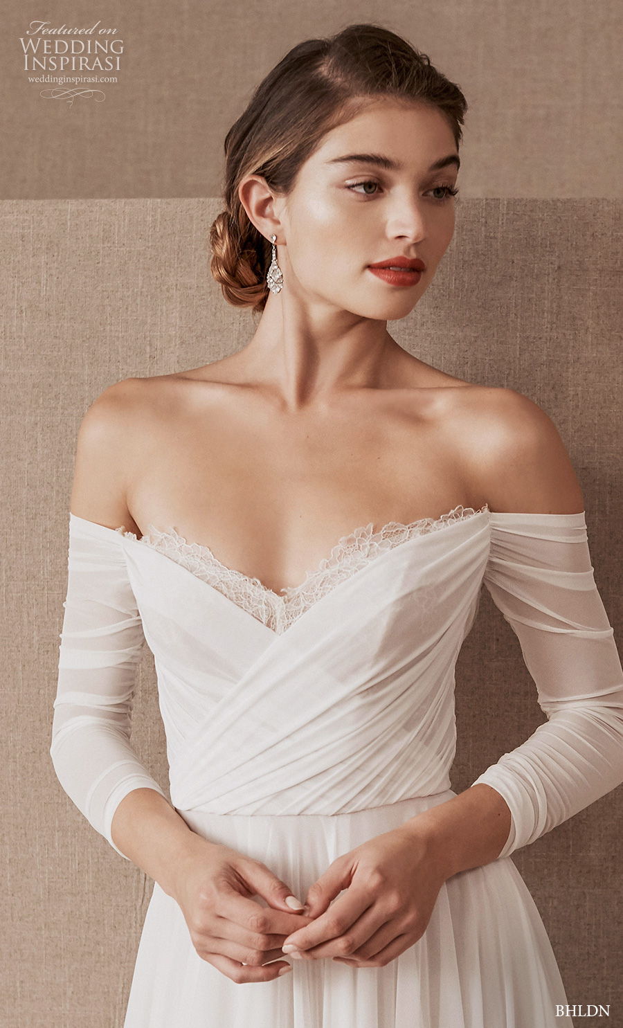 bhldn spring 2020 bridal long sleeves off the shoulder v neckline ruched bodice romantic a  line wedding dress mid back chapel train (7) zv