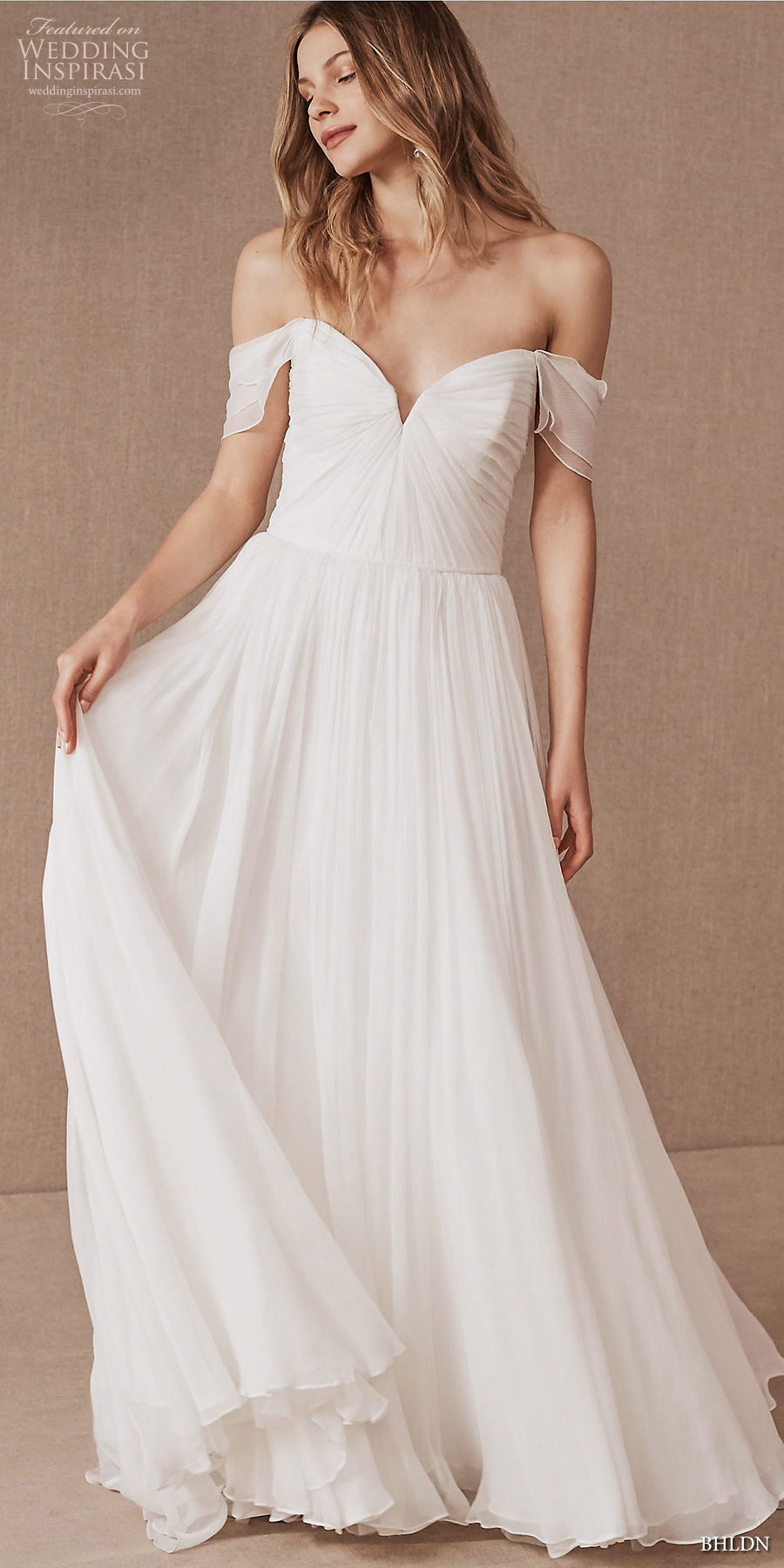 bhldn spring 2020 bridal off the shoulder sweetheart neckline simple ruched bodice classic romantic a  line wedding dress mid back sweep train (1) lv 