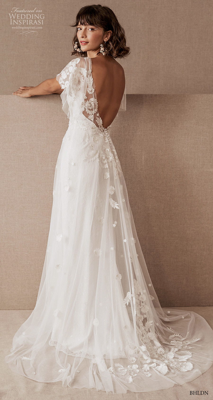 bhldn spring 2020 bridal short butterfly sleeves illusion bateau square neckline heavily embellished bodice romantic a  line wedding dress a  line wedding dress backless v back short train (9) bv