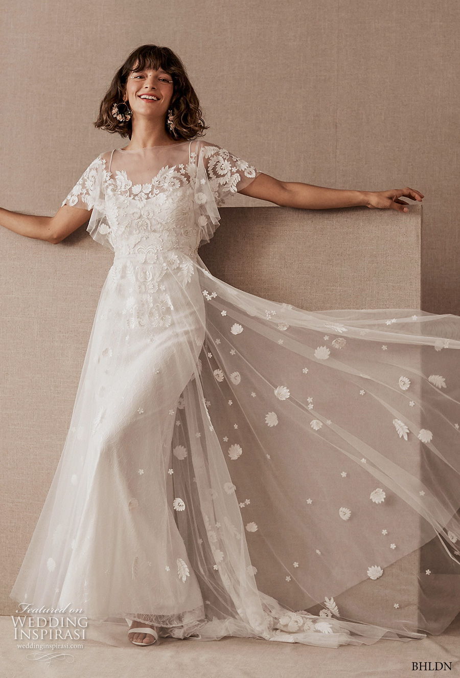 bhldn spring 2020 bridal short butterfly sleeves illusion bateau square neckline heavily embellished bodice romantic a  line wedding dress a  line wedding dress backless v back short train (9) mv