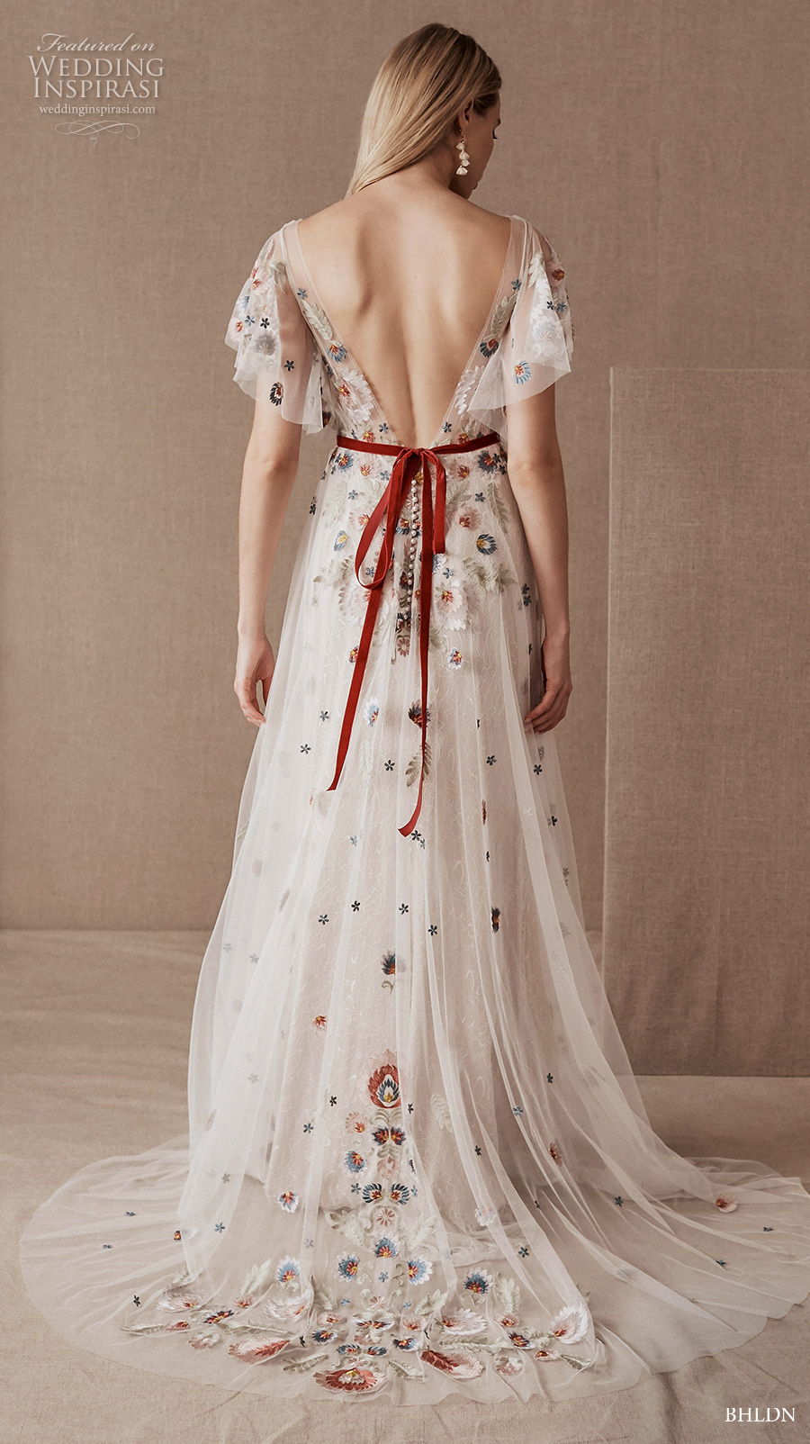 bhldn spring 2020 bridal short sleeves illusion bateau neckline heavily embellished bodice color floral romantic modified a  line wedding dress backless v back medium train (16) bv