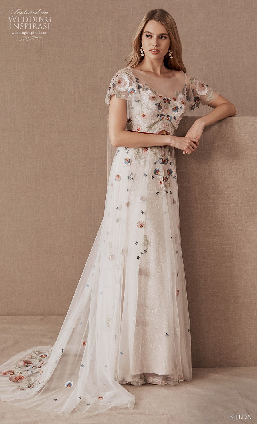 bhldn spring 2020 bridal short sleeves illusion bateau neckline heavily embellished bodice color floral romantic modified a  line wedding dress backless v back medium train (16) mv