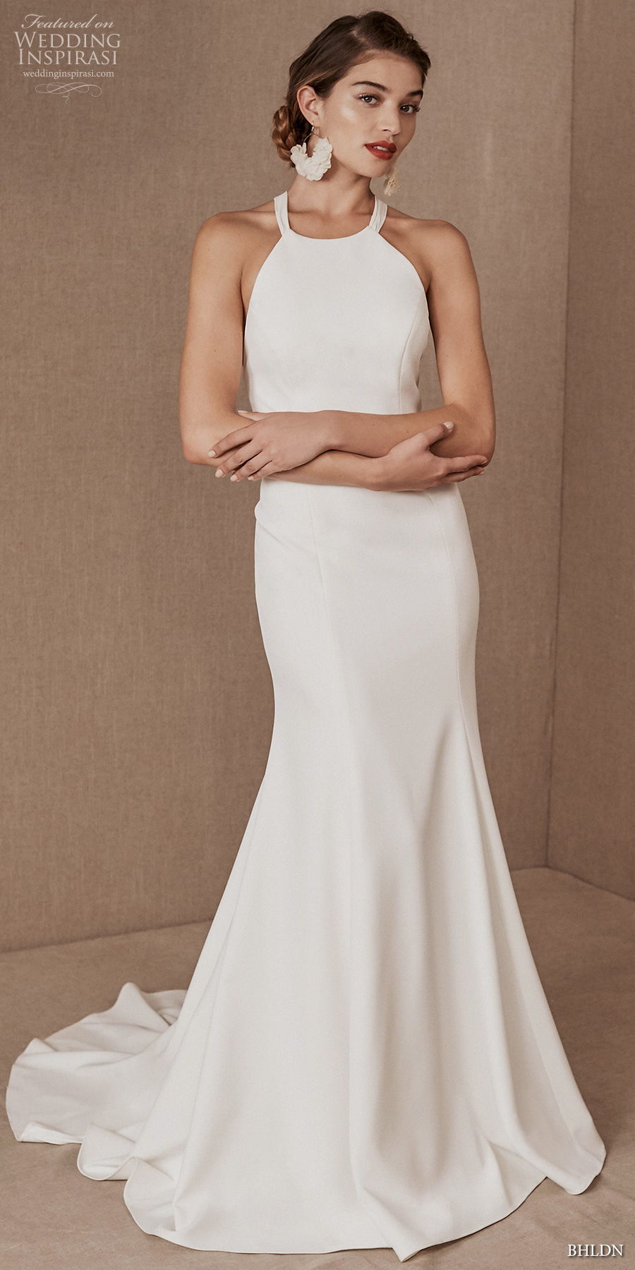 bhldn spring 2020 bridal sleeveless halter neck simple minimalist elegant fit and flare sheath wedding dress racer back medium train (14) mv