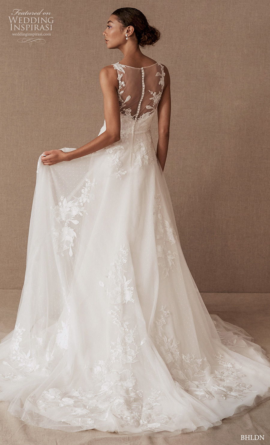 bhldn spring 2020 bridal sleeveless illusion bateau v neck heavily embellished bodice romantic classic a  line wedding dress sheer button back medium train (18) bv