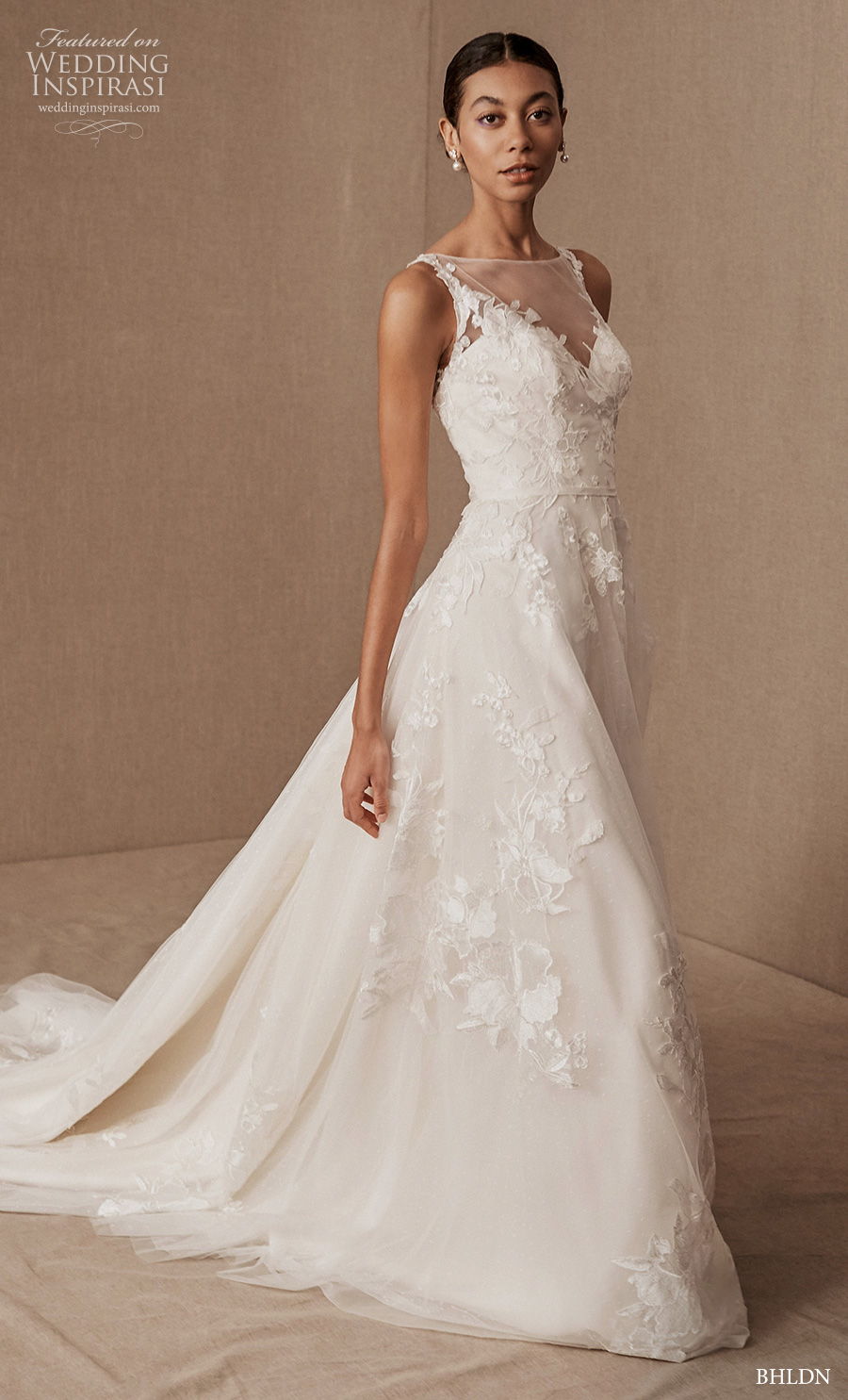 bhldn spring 2020 bridal sleeveless illusion bateau v neck heavily embellished bodice romantic classic a  line wedding dress sheer button back medium train (18) mv