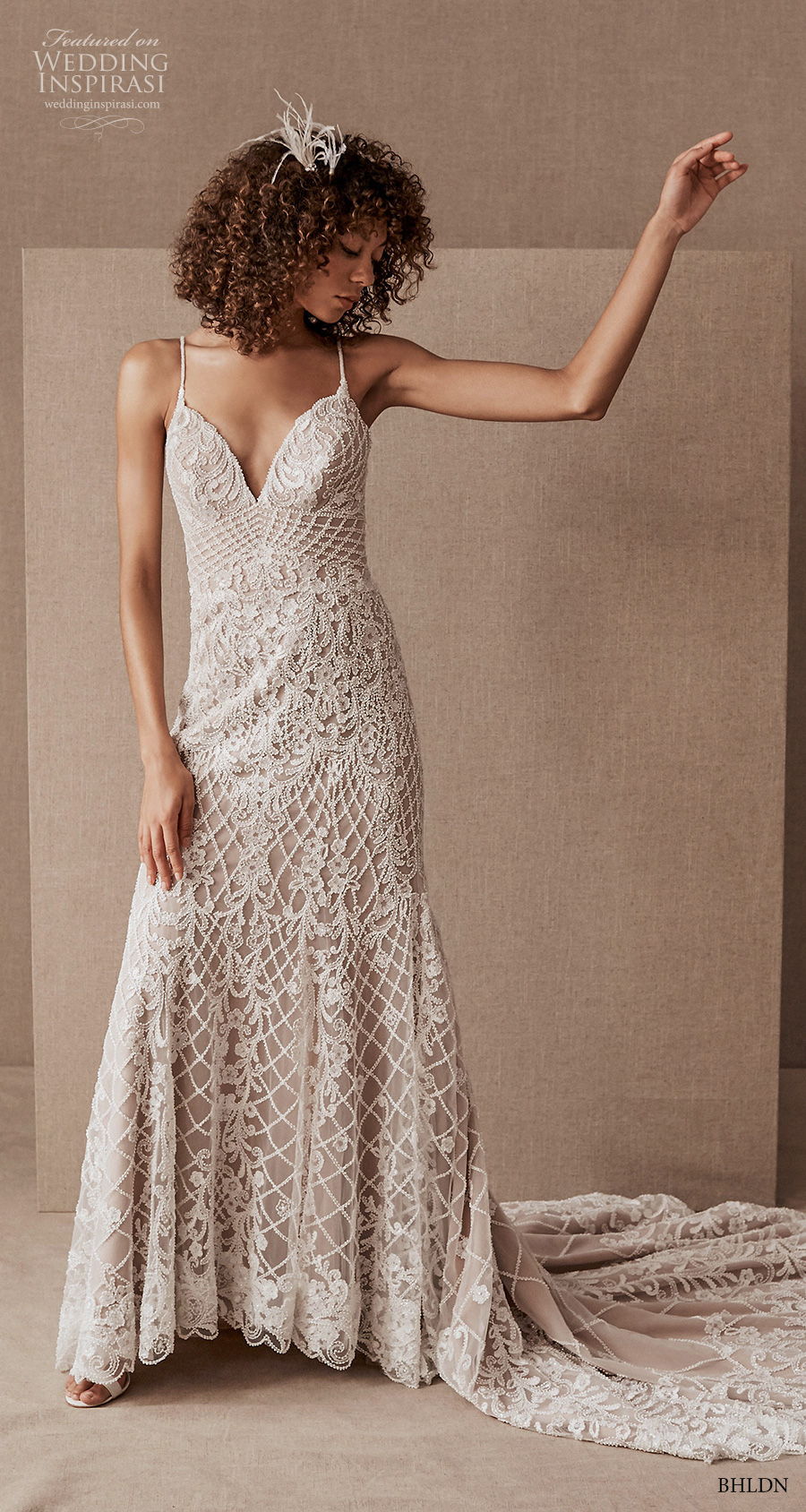 bhldn spring 2020 bridal sleeveless spaghetti strap deep sweetheart neckline full embellishment drop waist elegant modified a  line wedding dress v back chapel train (12) mv