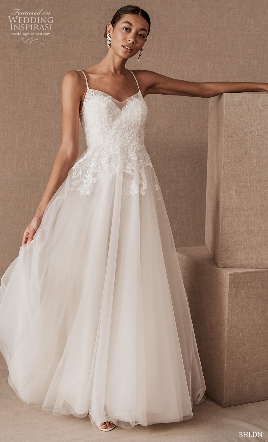 bhldn spring 2020 bridal sleeveless spaghetti strap diamond neckline heavily embellished bodice romantic soft a  line wedding dress scoop back chapel train (17) mv