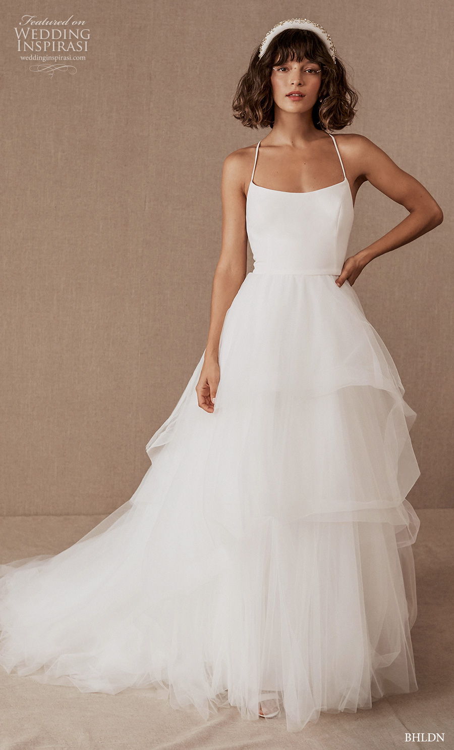 bhldn spring 2020 bridal sleeveless spaghetti strap square neckline simple tiered skirt romantic a  line wedding dress racer back short train (13) mv