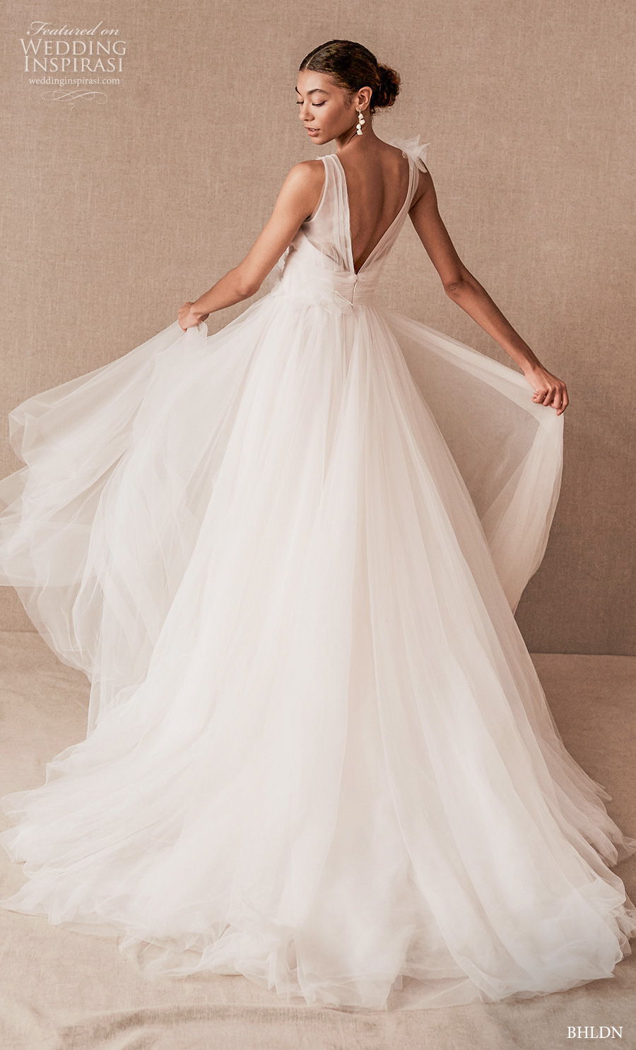 bhldn spring 2020 bridal sleeveless with strap v neck ruched bodice romantic bliush a  line wedding dress v back sweep train (4) bv