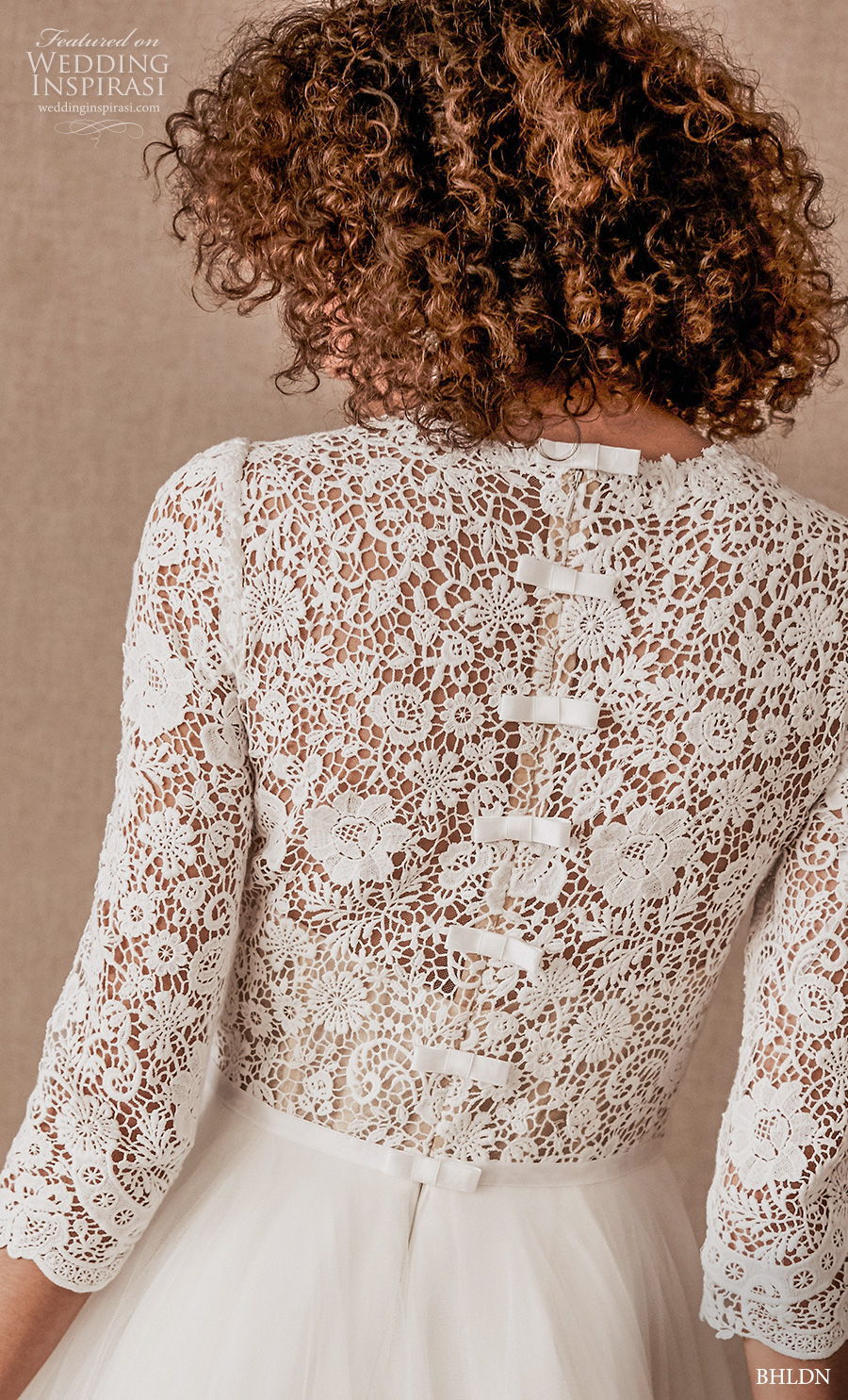 bhldn spring 2020 bridal three quarter sleeves jewel neckline heavily embellised bodice romantic modest a  line wedding dress covered lace back chapel train (5) zbv