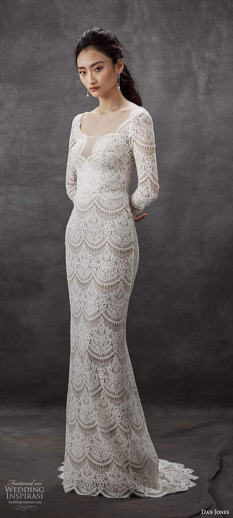 dan jones 2020 bridal illusion long sleeves v neckline lace sheath wedding dress sweep train (3) mv