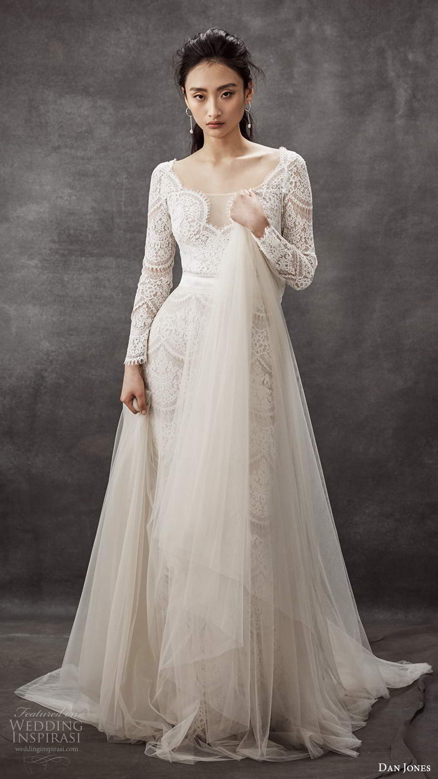 dan jones 2020 bridal illusion long sleeves v neckline lace sheath wedding dress sweep train a line overskirt (3) mv