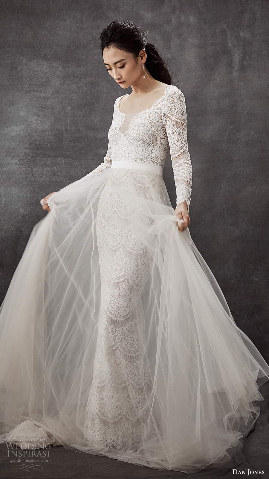 dan jones 2020 bridal illusion long sleeves v neckline lace sheath wedding dress sweep train a line overskirt (3) sv