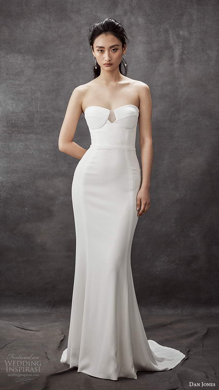 dan jones 2020 bridal strapless semi sweetheart clean minimalist sheath wedding dress sweep train (4) mv